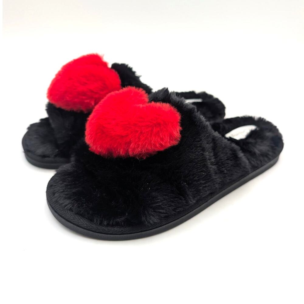 P.J. Salvage Heart Love Faux Fur Slide Slippers Women's Black Size US7/8 EU38